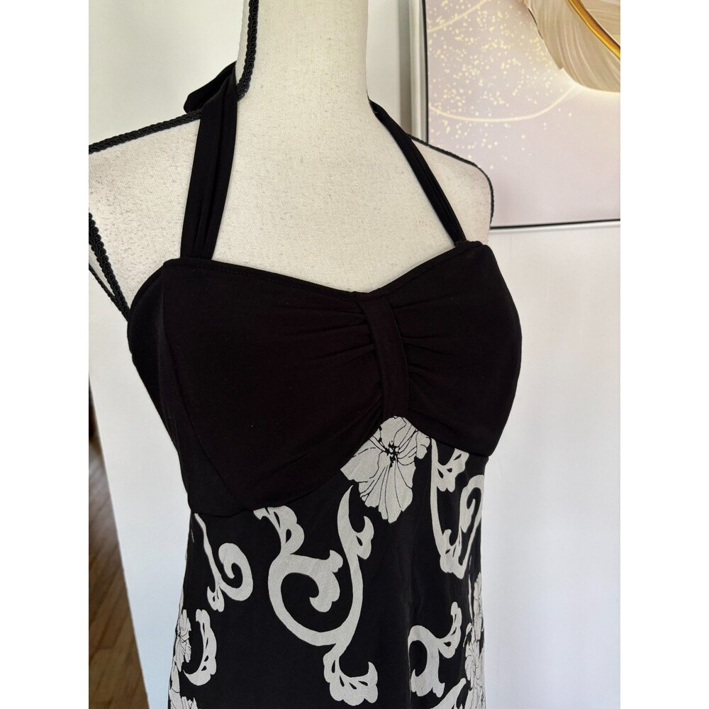 White House Black Market Silk Halter Dress Sz 14 Black White Floral Paisley - Picture 3 of 6